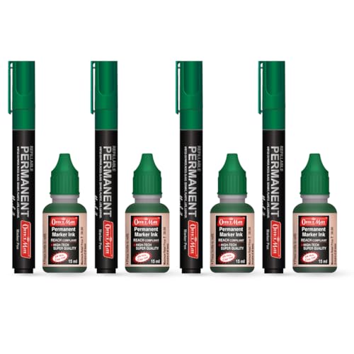 Image of Soni Officemate Permanent Marker Combo-Green | 4 Markers + 4 Inks | Waterproof & Refillable | Multi-Surface Use | 4.43 mm Tip