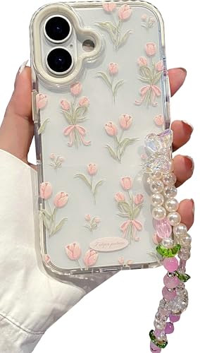 JANDM for iPhone 17 Case with Flowers Strap, Clear Pink Tulip Floral Pattern with Cute Pearl Leaf Charm Wrist Keychain, Soft Women Girls Shockproof Protective Cover