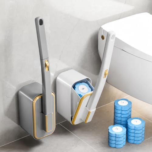 Kit Escova Sanitária com 12 Refis Descartáveis Limpeza Banheiro (Branco c/Dourado)