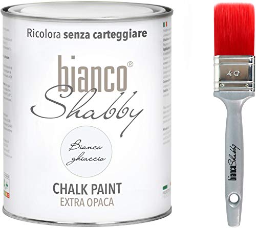 Chalk Paint blanco hielo y pincel – Pintura Shabby Chic Vintage extra opaca (1 litro) + Pincel profesional (40 mm)