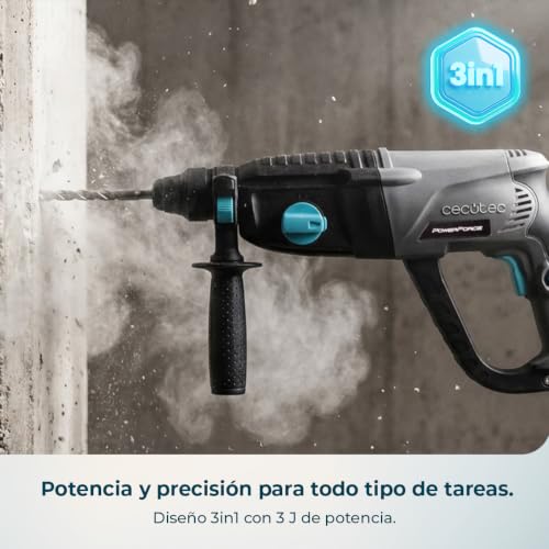 Cecotec Martillo Percutor SDS PowerForce 4000 Atomic. 800W, Energía de Impacto 3J, Función 3in1, Adaptador para Brocas Convencionales, Incluye Brocas y Cinceles, Cable de 3m, Maletín de Transporte - Ergonomía, empuñadura y acabados de la herramienta