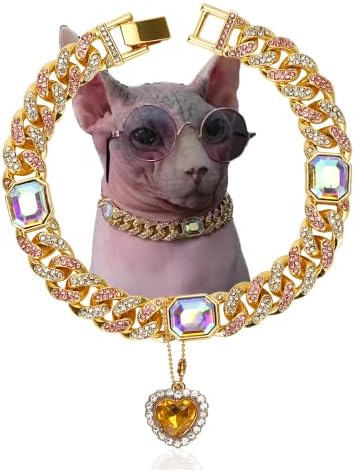Glitter King Gold Cat Collar Puppy Zircon Cuban Link Chain Handmade Diamond Iced Heart Pendant Pet Jewelry Necklace Pet Gift