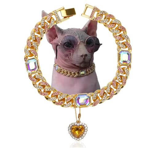 Glitter King Gold Cat Collar Puppy Zircon Cuban Link Chain Handmade Diamond Iced Heart Pendant Pet Jewelry Necklace Pet Gift #TOP2