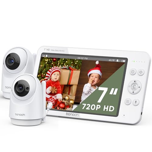 bonoch Vigilabebés de 7 pulgadas con 2 cámaras, vídeo 720p vigilabebés Hone WLAN, batería de 6000 mAh de 23 horas, visión nocturna, función de audio a ambos lados, PTZ, modo VOX, sensor de