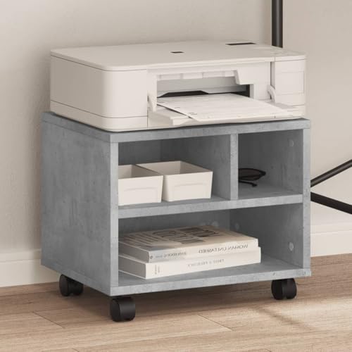 Teenpull Soporte para impresora con ruedas, color gris hormigón, material de madera, 41 x 32 x 34,5 cm, con 4 ruedas, 2 frenos, mesa de impresora multifuncional para oficina, oficina, lugar de trabajo