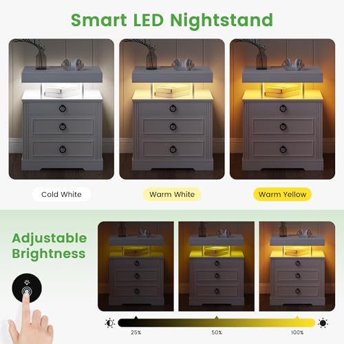 Image of HNEBC Gun Nightstand with Hidden Drawer&Wireless Charging &LED Lights-White | Smart Farmhouse Nightstand with Charging Station,3 Color Auto Light, Hidden Storage,3 Drawers for Bedroom Furniture