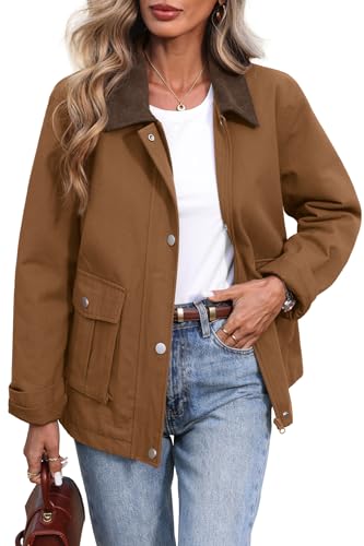 ELLEVEN Barn Jackets for Women Business Casual Outfits Fall Winter Cropped Corduroy Quilted Oversize Jacket Women Coat Chaquetas De Mujer Cotton Outerwear Trendy Barbour Cut Brown Large