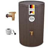 4rain Madera Regentonne Set 220 Liter Braun – Regenfass mit Kunststoff-Hahn + Fallrohranschluss – Frostsicherer Regenwassertank/Regenwassertonne – Wassertonne für Garten – Wasserfass Holzoptik