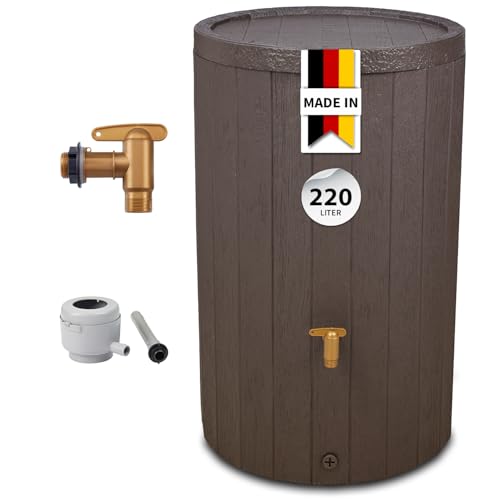 4rain Madera Regentonne Set 220 Liter Braun – Regenfass mit Kunststoff-Hahn + Fallrohranschluss – Frostsicherer Regenwassertank/Regenwassertonne – Wassertonne für Garten – Wasserfass Holzoptik