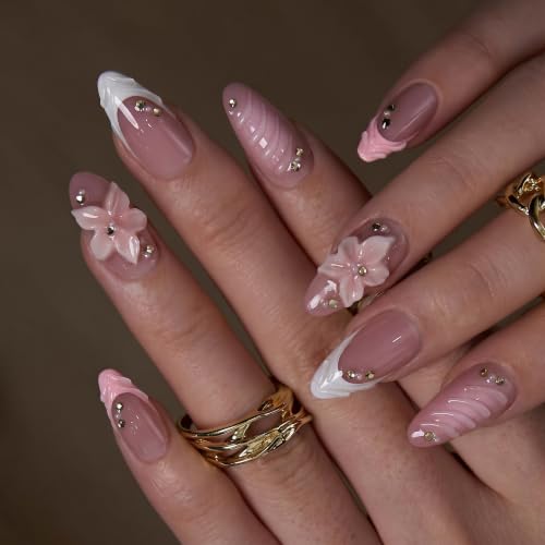 CurvLife Medium Almond 3D Press On Nails, Petal Bloom Pink, Soft Gel