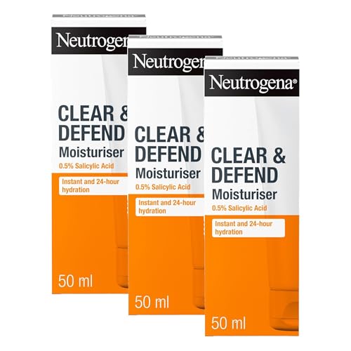 Image of Neutrogena Clear and Defend Moisturiser (3x 50ml), Oil-Free Daily Face Cream for Spot-Prone Skin, with Purifying 0.5% Salicylic Acid to Help Prevent Breakouts for Smoother, Softer & Clearer Skin