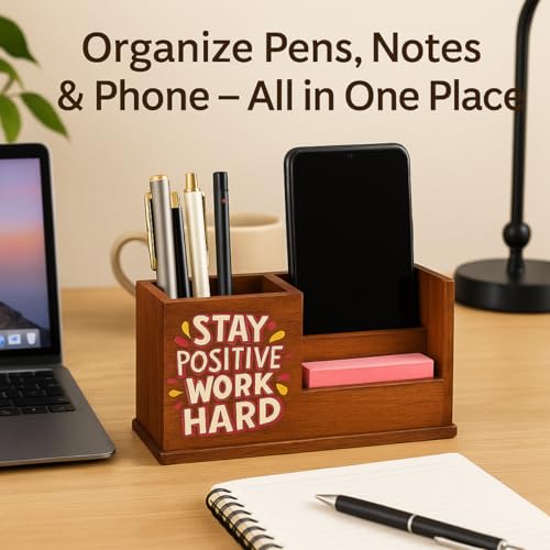 Image of Handcrafted Wooden Pen Holder & Mobile Stand | Premium Desk Organizer for Office, Home & Study Table | Pen Pencil Stand with Card Holder | 6.75 x 3.75 x 2.5 Inch (Stay Positive Desk)