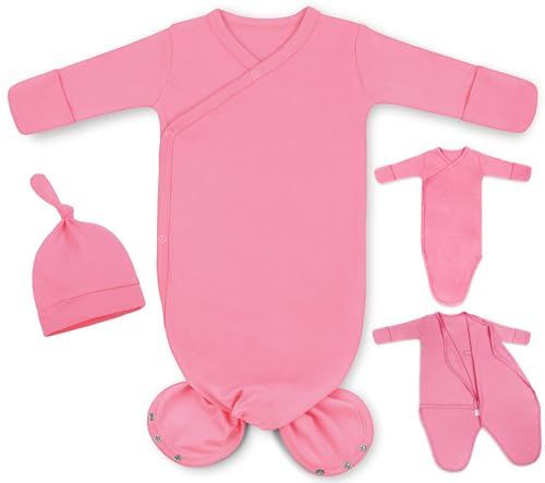 Image of MVUOCR Knotted Baby Gown Girl 0-6 Months, Soft Cotton Newborn Gown Girls, Infant Gowns Coming Home from Hospital Outfit, Newborn Gowns Going Home Outfits with Hat Set Rose Pink