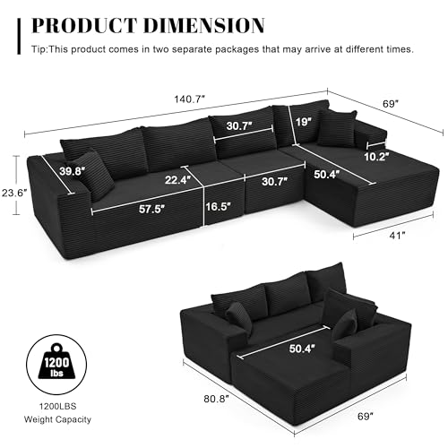 Image of Mangodan 140 inch Cloud Sectional Couch, Boneless Sofa for Living Room, Modular Sectional Sofa with Deep Seat, Comfy Fluffy L-Shaped Couch with Right-Facing Chaise, No Assembly Required, Black