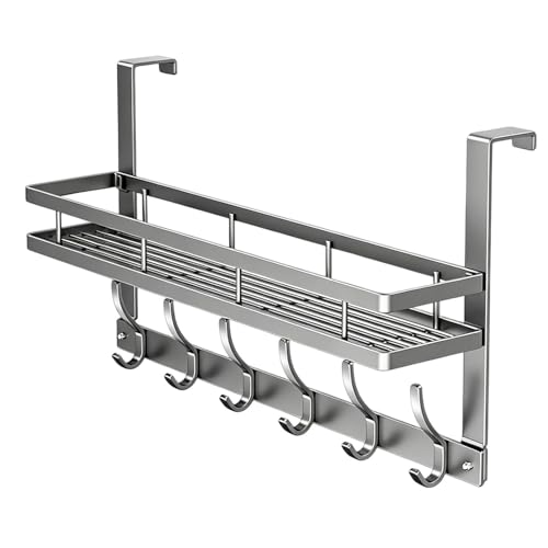 Generico Perchero para puerta, con cesta y ganchos, estante de acero al carbono – Organizador para puerta de baño, para ropa, bolsos, llaves, albornoces, abrigos, toallas, baño, cocina, dormitorio