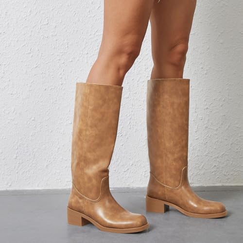 Image of Gothictor Women's Banana Knee High Boots Square Toe Chunky Block Heel Comfortable Low Heel Pull on Wide Calf Riding Long Boots for Women