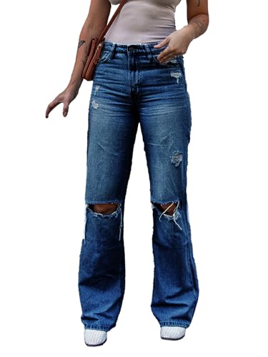 Ripped Women's Jeans Straight Wide Leg Jeans for Women Trendy High Waisted Distressed Women's Pants