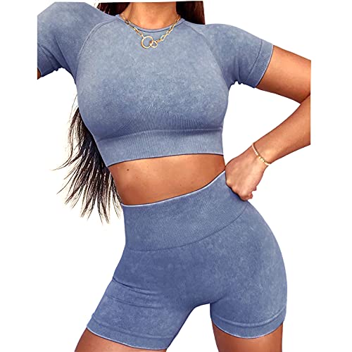 Jetjoy Seamless Workout Set Sports Bra and Leggings Set for Women Acid Wash Outfits 2 piece Set