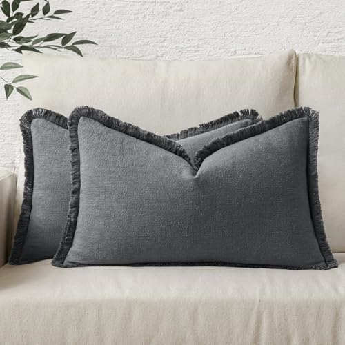 Image of MIULEE Linen Fringe Decorative Lumbar Throw Pillow Covers Dark Grey 12x20