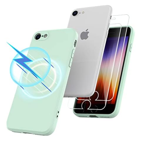 Ruayia Silicone Case for iPhone SE 2022/2020, iPhone 7 / iPhone 8 Case Compatible with Magsafe + 2 Screen Protector + 1Phone Holder, Slim Shockproof Antidrop Magnetic Cover - Light Green Cover