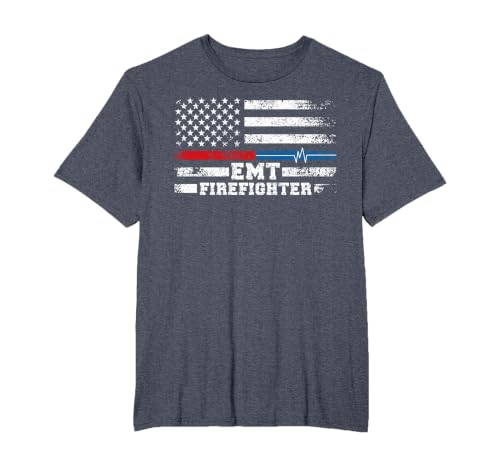 EMT Firefighter American Flag Proud Firefighter EMT T-Shirt, Men's Big and Tall, Heather Blue, 6X Tall