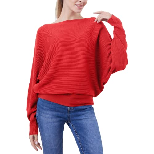 Image of FULIER Women Oversized Boat Neck Batwing Sleeves Dolman Knitted Sweaters Lightweight Pullovers Tops One Size