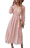 ASOMI Kleid Damen Sommer Lang V-Ausschnitt Wickelkleid Sommermode Kurzarm Langarm Blumen Rüschen Maxikleid Strandkleid mit Gürtel 211 Rosa Medium
