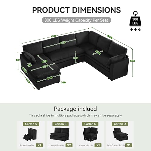 Image of 110 inch Sectional Couches with Left Chaise, Comfy Deep Dual-Layer Cushion Couch, 7 Seater U Shaped Couch, Modern Modular Sofa, Corduroy Sofas for Living Room, Apartment, Black