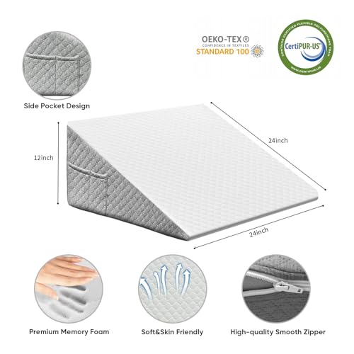 Wedge Pillow, 12 Inch Bed Wedge Pillow for Headboard, Pillow Wedge for Acid Reflux Relief, After Surgery, Sleeping,Back Pain Relief, Memory Foam Top, LightGrey