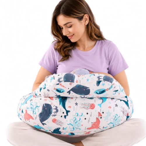 Image of Proliva Feeding Pillow for New Born Baby with Detachable Cover Breast Feeding & Maternity Nursing Pillow for Breastfeeding Support for Baby Feeding Pillow for Mom (Off White-Dolphine-B2)