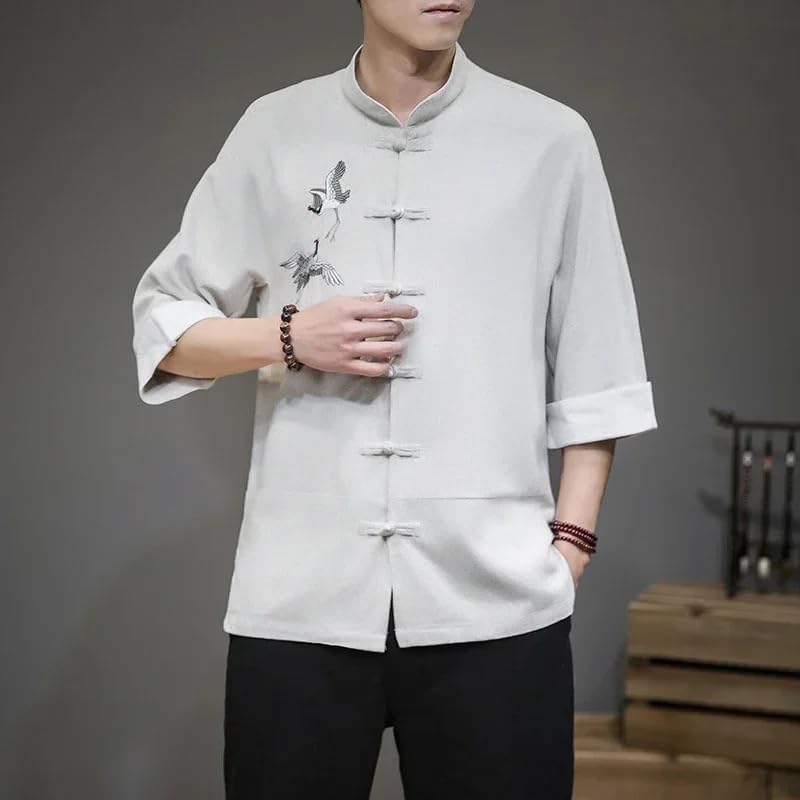Embroidery Shirts Traditional Chinese Vintage Men's Half Sleeve Linen Solid Madarin Collar Kungfu Cardigan