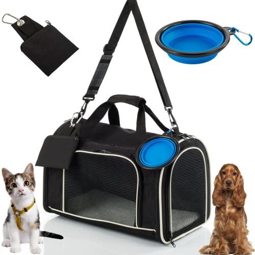 Pack Transportin Gato Perro - Transportin Animal Mediano y pequeño - Accesorios Gatos Mini Comedero Y Bolsa Comida Mascotas - Transportin con Correa De Hombro Ajustable 43x28,5x29,5cm