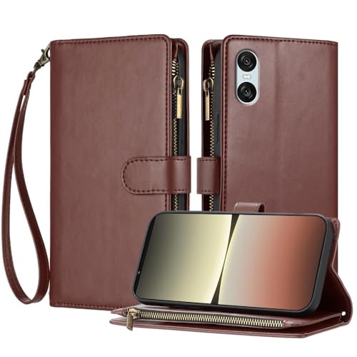 Protection Sony Xperia 10 VI 2024 étui portefeuille marron zippé antichoc en cuir