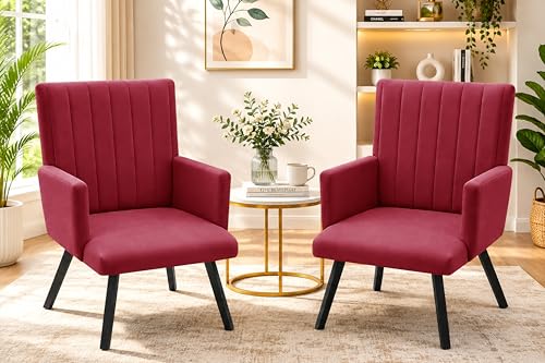 Image of Rosebell Modern Velvet Office Chairs Set of 2 with Armrests & Metal Legs | Upholstered High Back Leisure Chairs for Living Room, Bedroom, Office, Cafe & Dining Room | Red