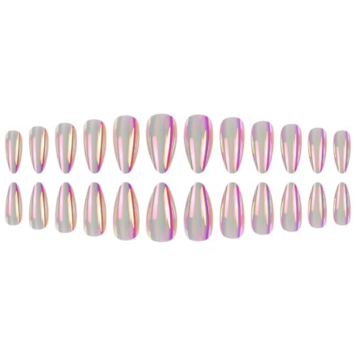 Image of Secret Lives Chrome Finish Almond Shape Press On Fake Artificial Nails Extension 24-Piece Set with kit For Girls Women