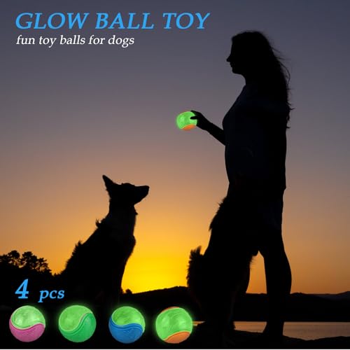 QKURT 4 Stück Glow Ball, Glow In The Dark Hundeball, Leuchtende Gummi-Hundebälle mit hoher Sprungkraft, Interaktive Hund Ball, Hundeball Spielzeug leuchtet im Dunklen