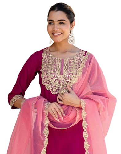Image of SIRIL Women's Rayon Viscose Sequence Embroidery Work Straight Kurta Pant with Dupatta Set