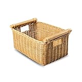 The Basket Lady Pole Handle Wicker Storage Basket, Small, 14 in L x 10 in W x 7.5 in H, Sandstone