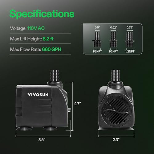 Image of VIVOSUN 660GPH Submersible Water Pump, 2500L /H 35W aquarium pump, Ultra Quiet Fountain Pump with 8.2ft /2.5m High Lift for Fish Tank, Pond, Aquarium, Statuary, Hydroponics (Pack of 2)