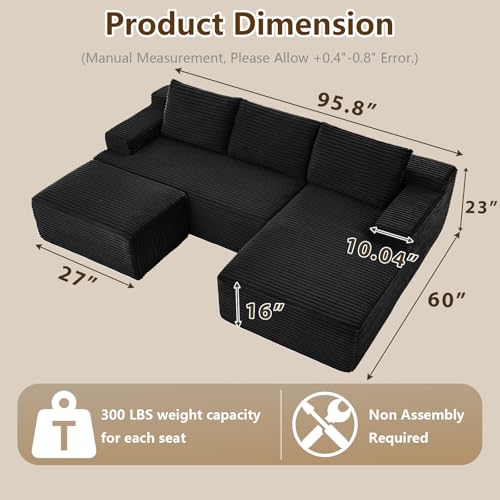 Image of 96 inch U-Shape Cloud Couch, Modern Modular Sectional L-Shape Sofa with Ottoman, Corduroy Upholstered Couches Deep Seat Sleeper Chaise Longue for Living Room, No Assembly Required(Black, Right Facing)