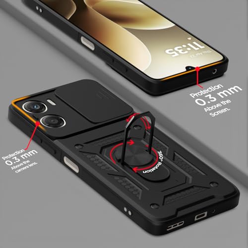 Image of Pikkme Back Cover for Motorola Moto G06 Power / G06 4G | 360 Protection Case | Sliding Camera Shield Cover & Ring Holder Stand D10 Tough Armor Bumper Case (Black)