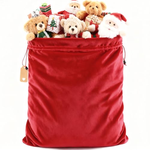 GINOYA Christmas Gift Bags, 32x28 inches Jumbo Gift Bag with Drawstring Large Velvet Santa Sack for Xmas Holiday Present Toys (Red)