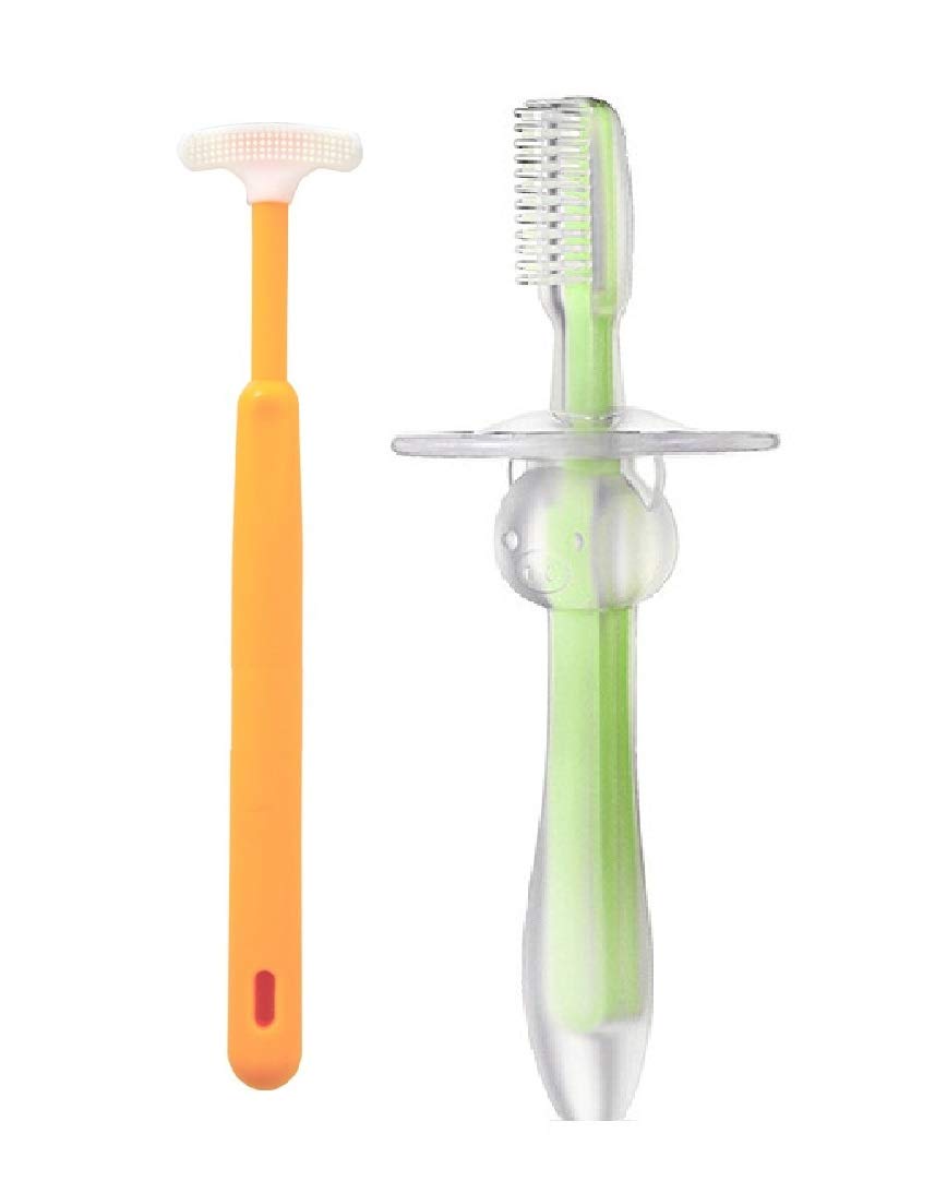 Infants Toddler Baby Oral Care 2 Pc Brush Set -Tongue Cleaner, Trainer Brush Combo (Multicolour)-image-1