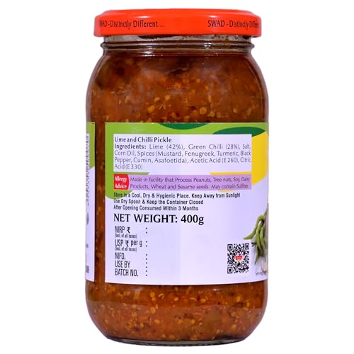 Image of SWAD Mango & Lime Pickle (Aam Nimbu Achar) | 400g Glass Jar | Traditional Indian Spicy Mixed Pickle | Homemade Style, Oil Rich & Authentic Taste | No Artificial Flavours | Ready to Eat with Meals