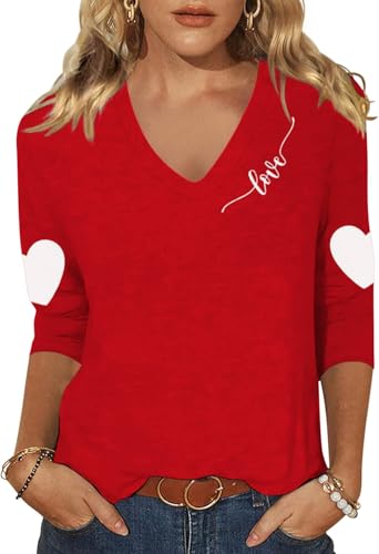 Image of Womens 3 /4 Sleeve V Neck Valentine T Shirts Love Heart Printed Graphic Tee Tops