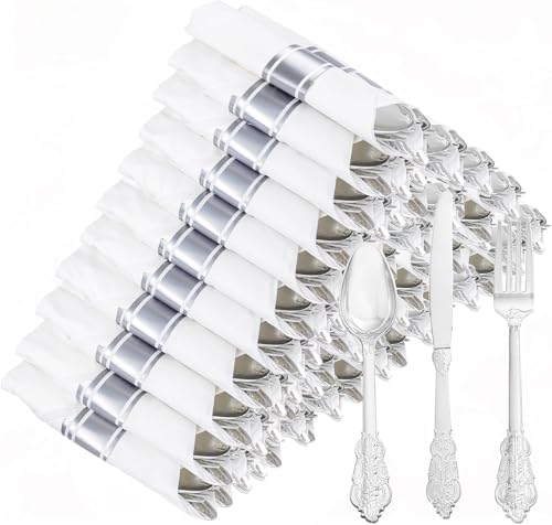 Joyido 50Guests Pre Rolled Silver Plastic Silverware Sets - Heavy Duty Silver Cutlery - Include 50 Pack Wrapped Disposable Utensils with Napkins for Parties & Dinners & Weddings