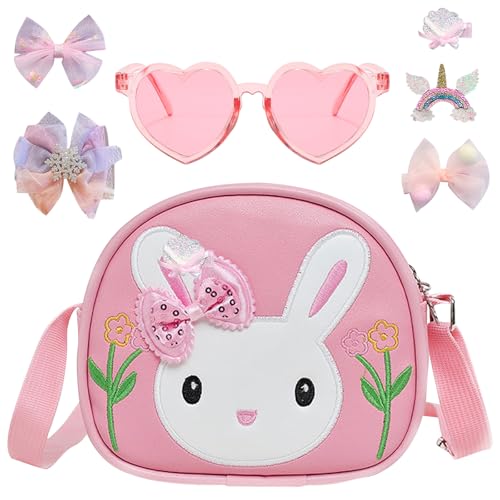 HTTDSLF Bolso de Mano para Niñas, Encantador Bolso Bandolera de Conejo, Divertido Bolsos de Hombro de Conejito - Gafas de Sol en Forma de Corazón y Horquillas (Rosa)