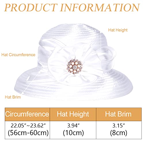 Women Derby Church Dress Cloche Hat Fascinator Floral Tea Party Wedding Bucket Hat S052 (S038-White)