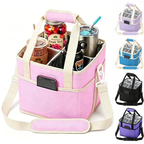 NVXEBOG 4 Compartment Drink Bag Family Size 4 Compartment Drink Carrier with Adjustable Strap Nylon Water Bottle Holder & Tumbler Tote with Front Pocket for Hiking Sports Family Outings - Pink