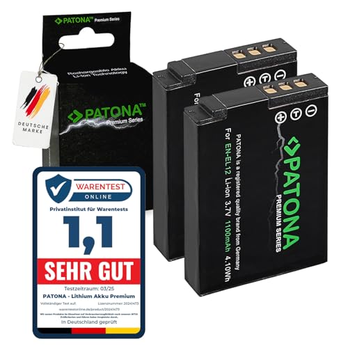 PATONA 2X Premium EN EL12 Batería 1100mAh Compatible con Nikon CoolPix Cool Pix A1000 A900 AW130 AW100 P340 P310 S6300 S8000 S8100 S8200 S9100 S9500 S9700 S9900 S1000pj S1200pj ENEL12 EN EL12
